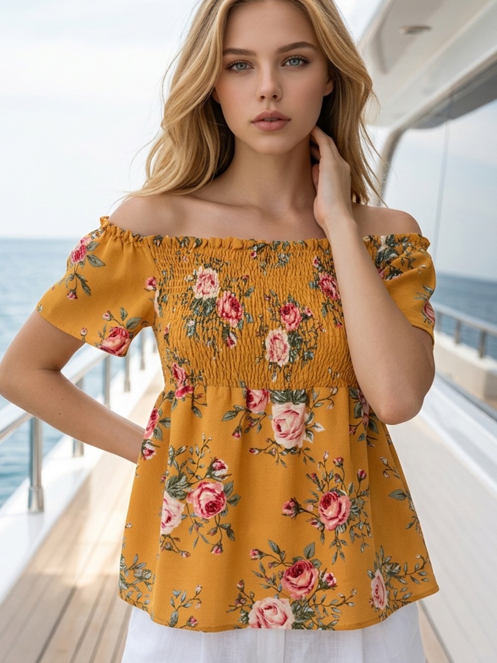 MONTEAU BABYDOLL TOP Floral Off-Shoulder Smocked Mustard Yellow Romantic SZ M